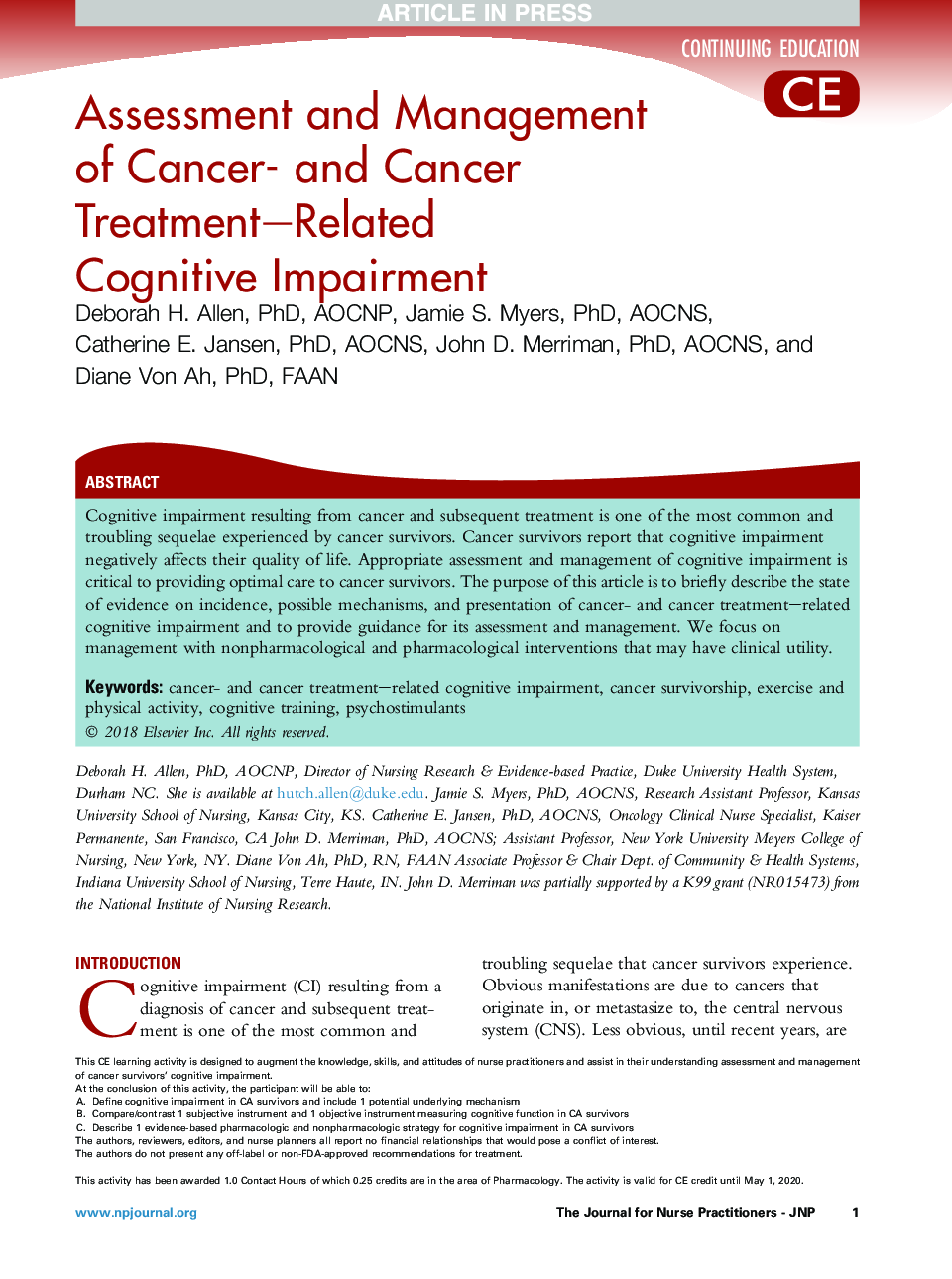Assessment and Management ofÂ Cancer- and Cancer Treatment-Related CognitiveÂ Impairment