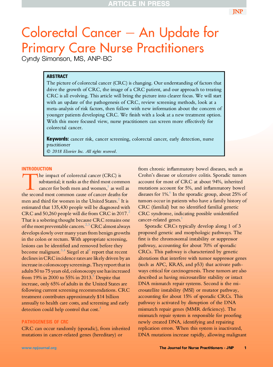 Colorectal Cancer - An Update for Primary Care Nurse Practitioners