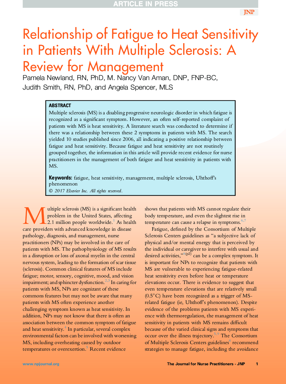 Relationship of Fatigue to Heat Sensitivity in Patients With Multiple Sclerosis: A Review for Management