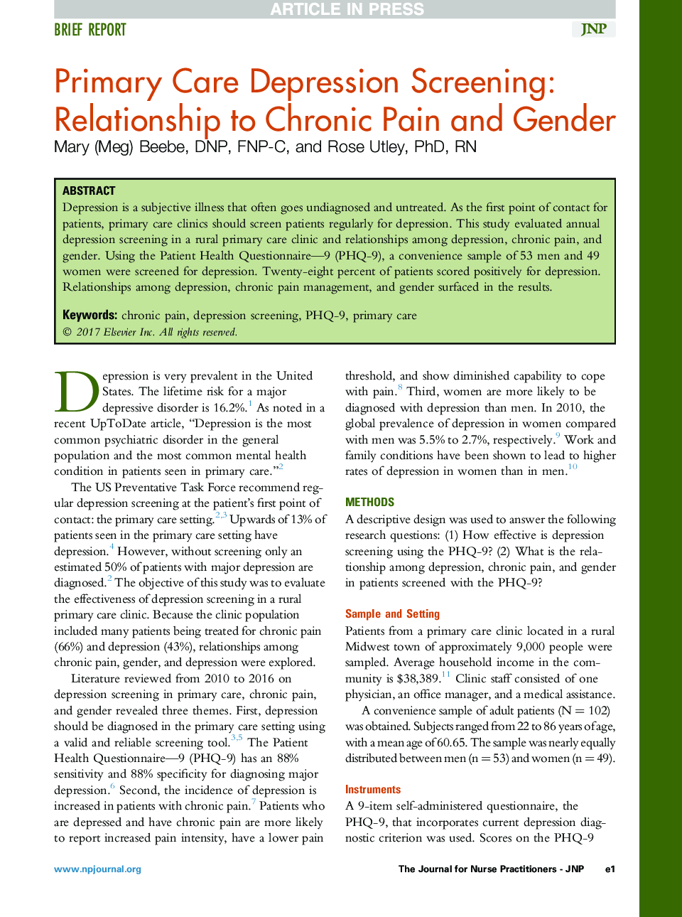 Primary Care Depression Screening: Relationship to Chronic Pain and Gender