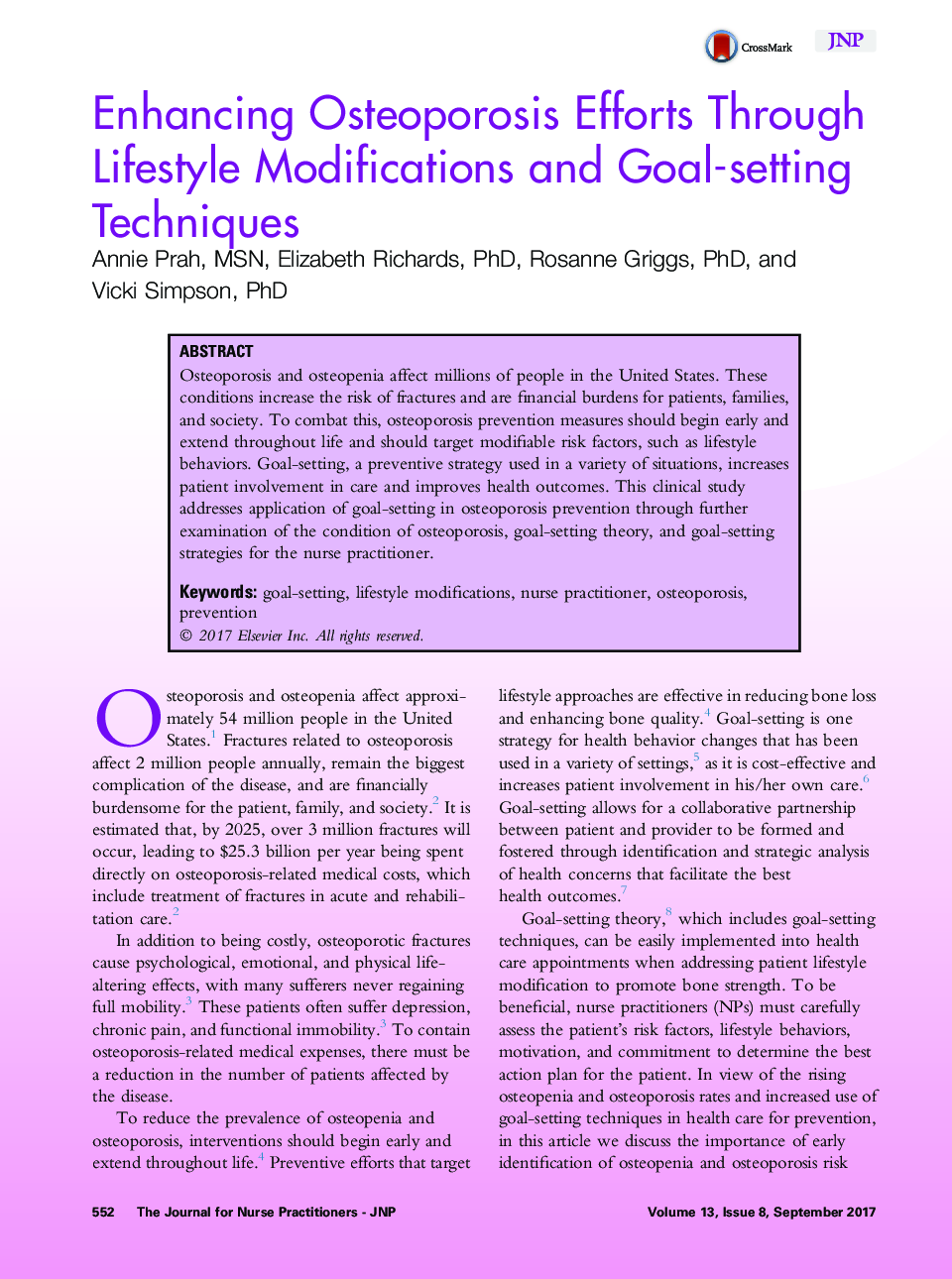 Enhancing Osteoporosis Efforts Through Lifestyle Modifications and Goal-setting Techniques