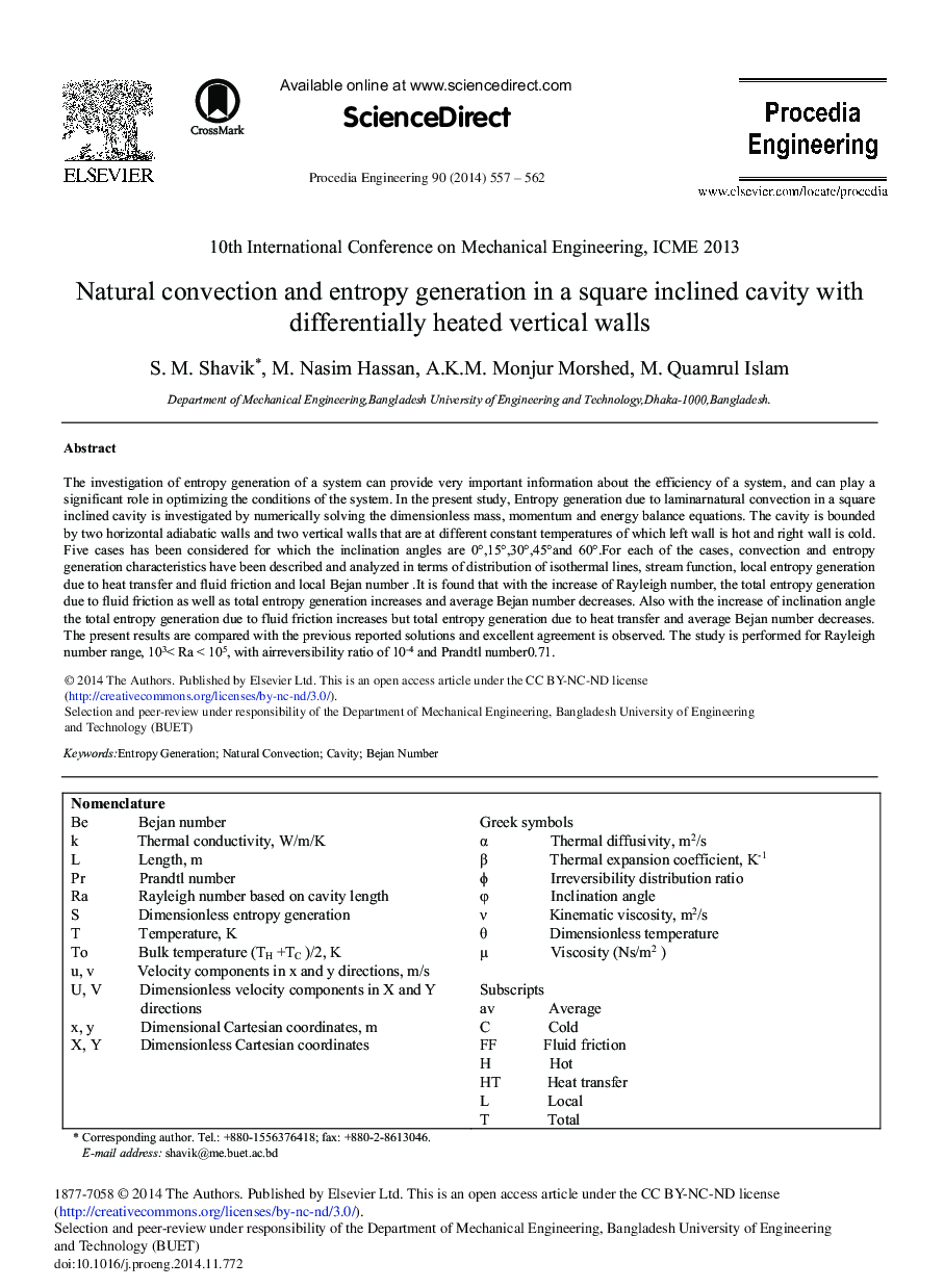 Natural Convection and Entropy Generation in a Square Inclined Cavity with Differentially Heated Vertical Walls 