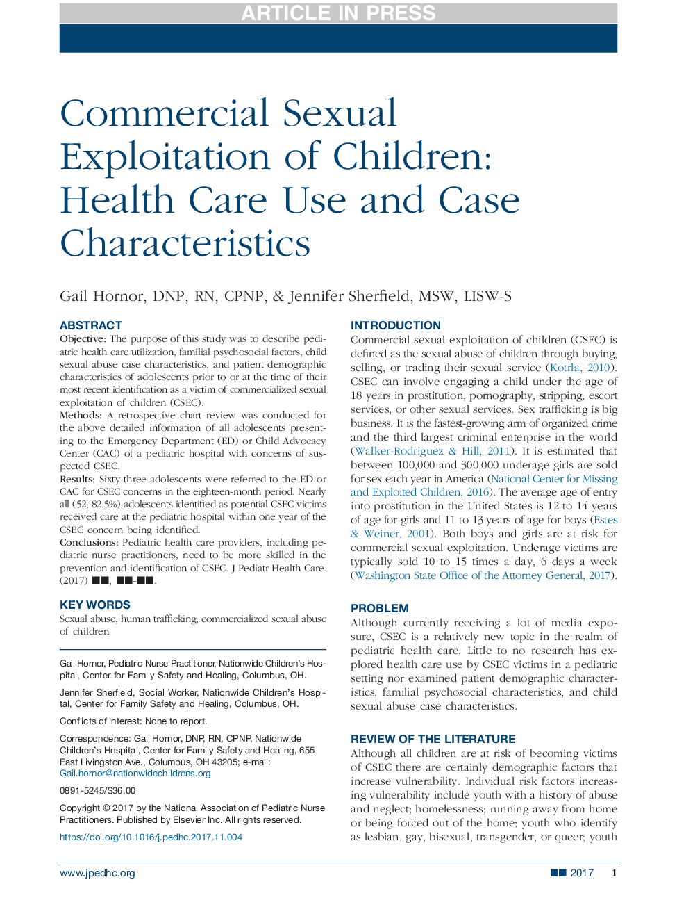 Commercial Sexual Exploitation of Children: Health Care Use and Case Characteristics