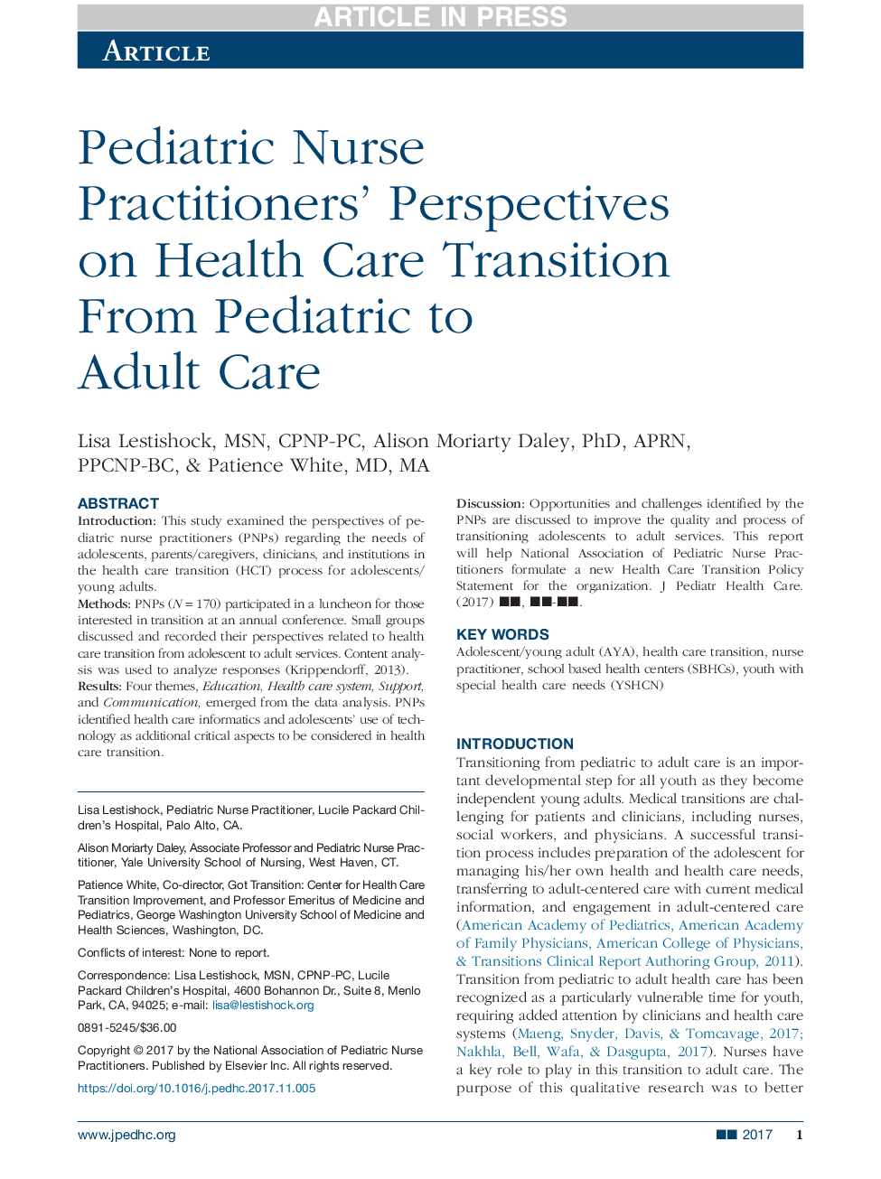 Pediatric Nurse Practitioners' Perspectives on Health Care Transition From Pediatric to Adult Care