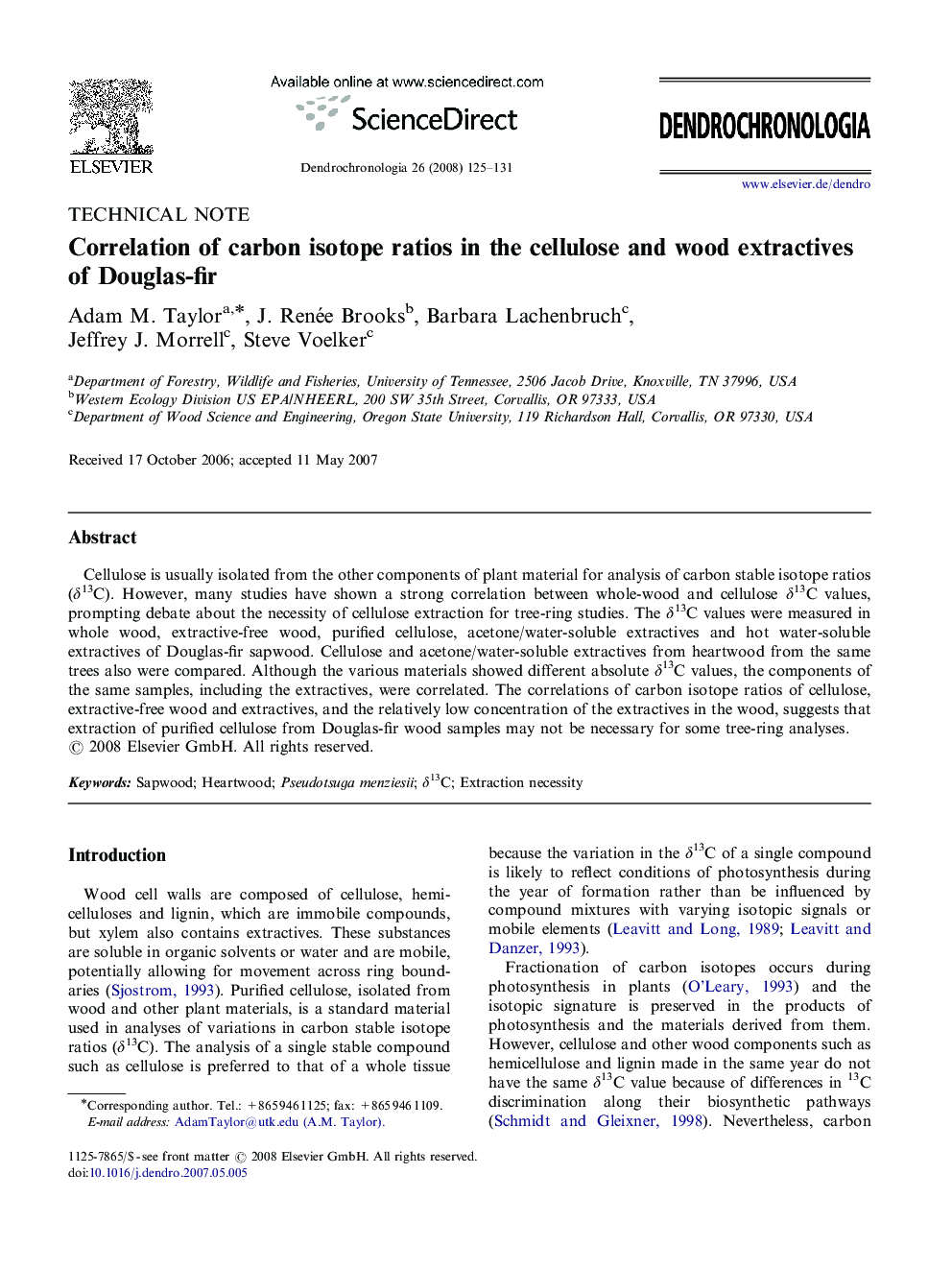 Correlation of carbon isotope ratios in the cellulose and wood extractives of Douglas-fir