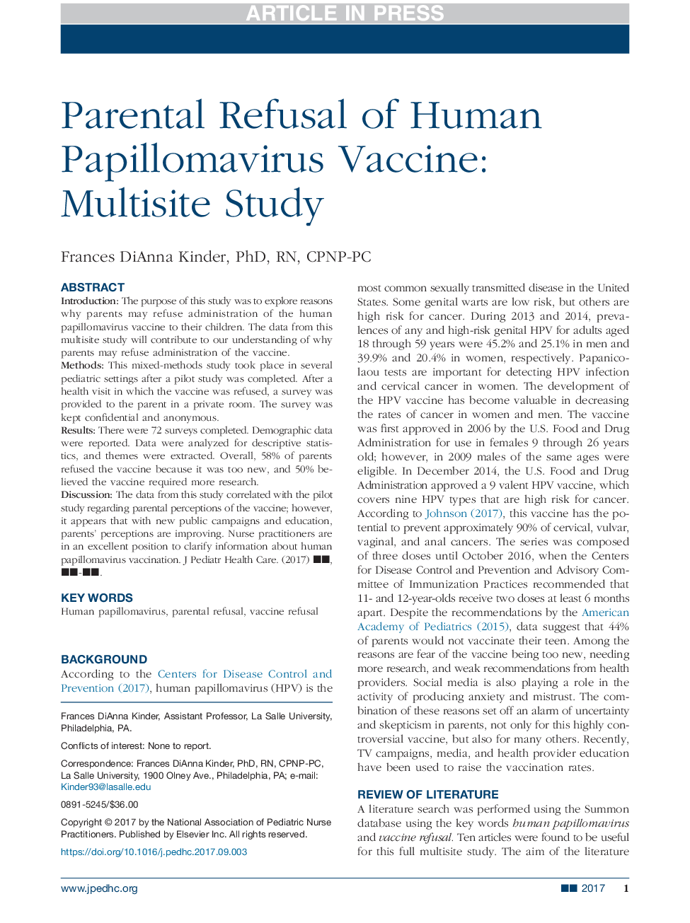 Parental Refusal of Human Papillomavirus Vaccine: Multisite Study