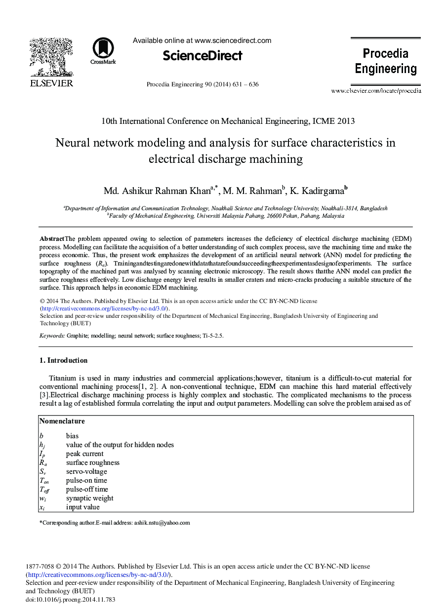 Neural Network Modeling and Analysis for Surface Characteristics in Electrical Discharge Machining 