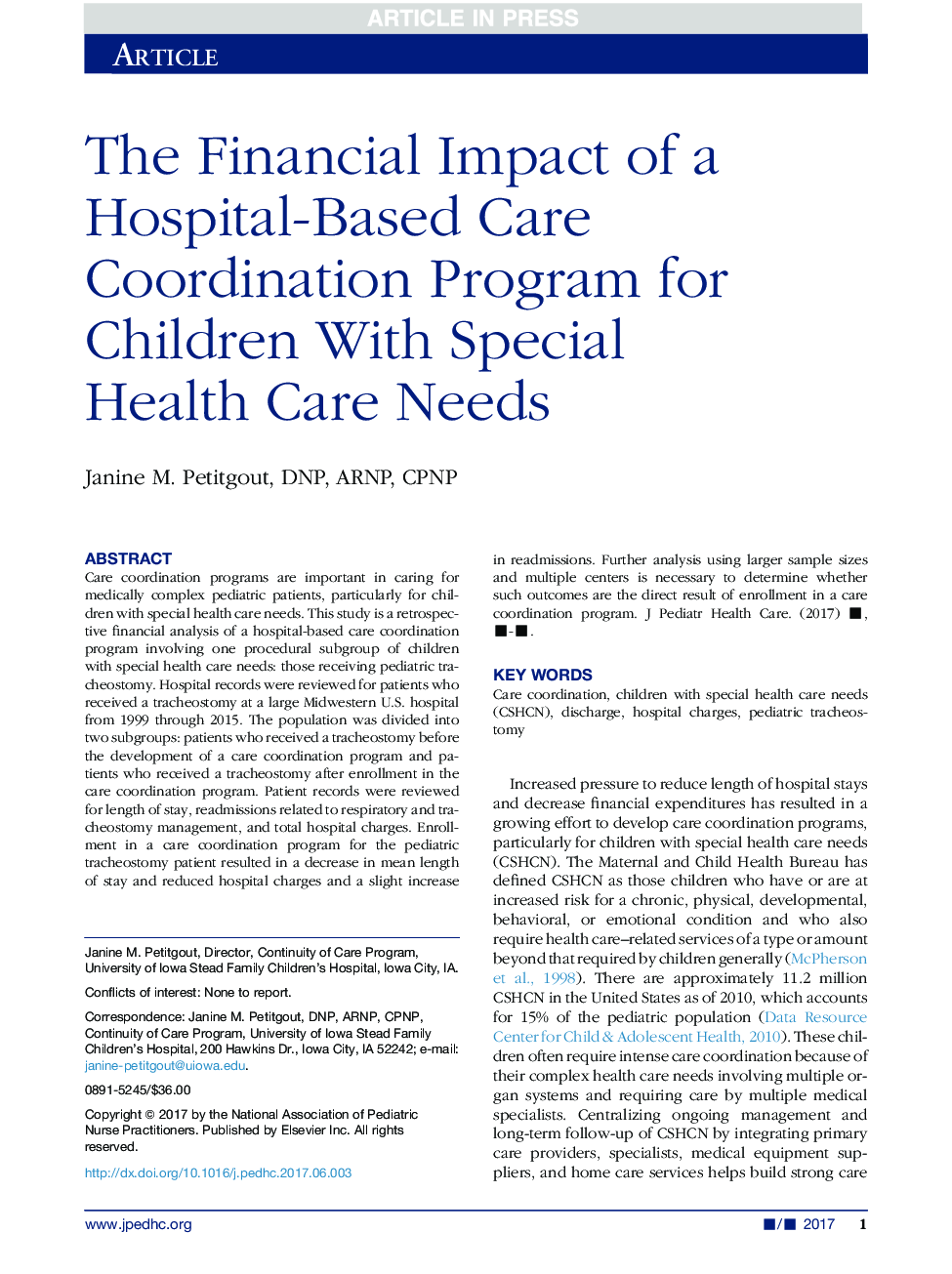 تأثیر مالی یک برنامه هماهنگی مراقبت از بیمارستان برای کودکان با نیازهای ویژه مراقبت های بهداشتی 