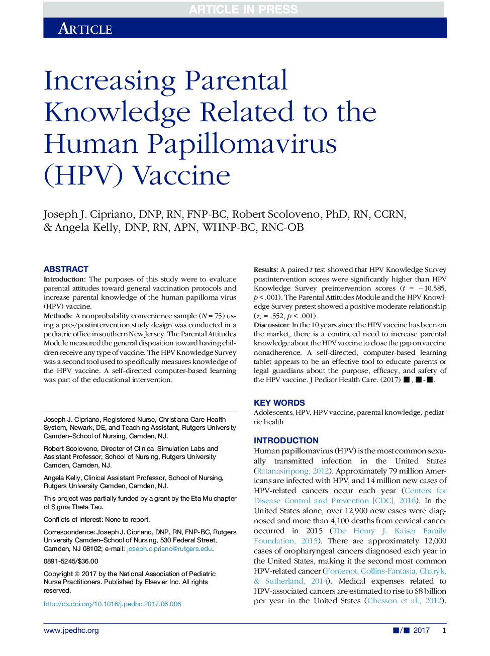 Increasing Parental Knowledge Related to the Human Papillomavirus (HPV) Vaccine