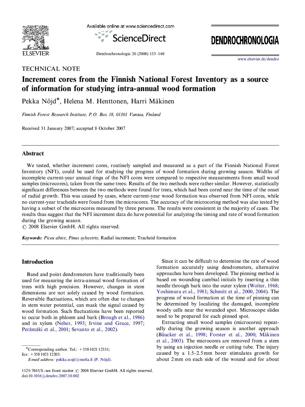 Increment cores from the Finnish National Forest Inventory as a source of information for studying intra-annual wood formation