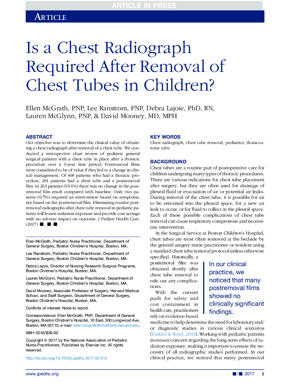 Is a Chest Radiograph Required After Removal of Chest Tubes in Children?