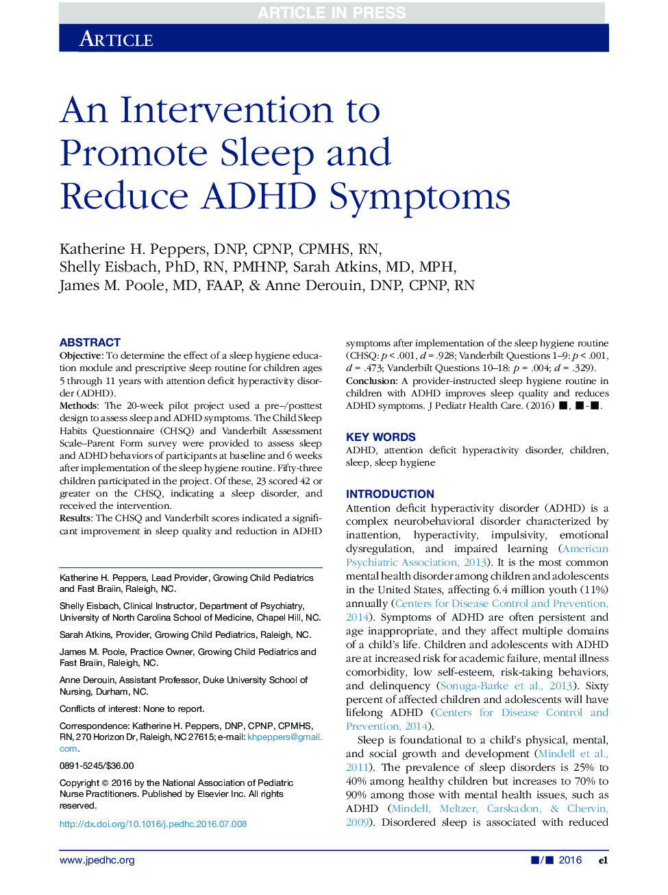 An Intervention to Promote Sleep and Reduce ADHD Symptoms