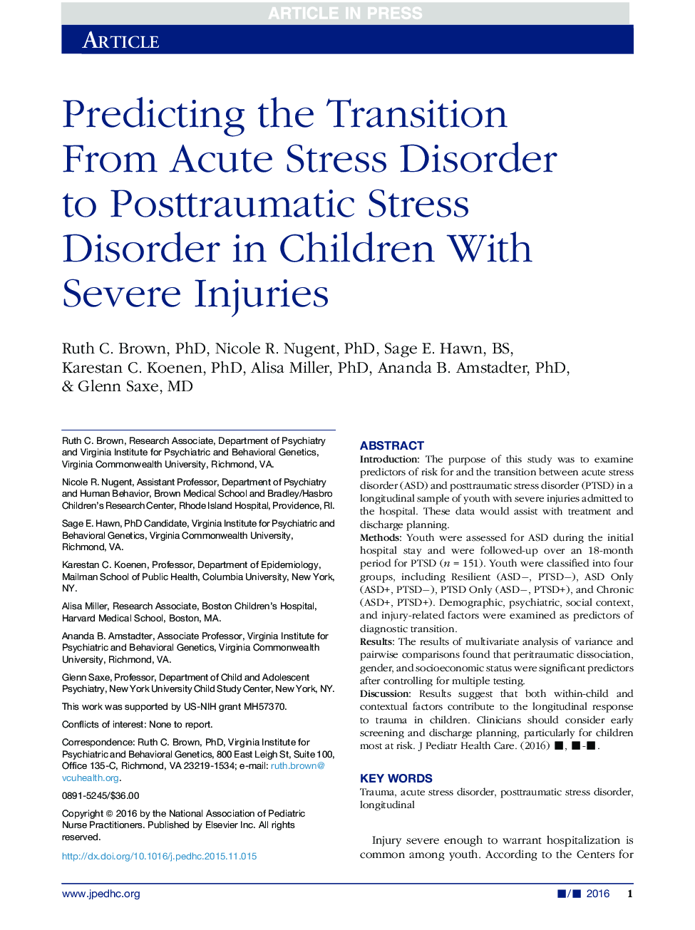 Predicting the Transition From Acute Stress Disorder to Posttraumatic Stress Disorder in Children With Severe Injuries