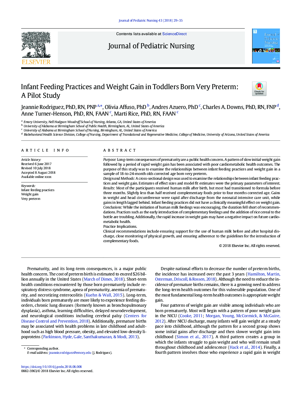 Infant Feeding Practices and Weight Gain in Toddlers Born Very Preterm: A Pilot Study