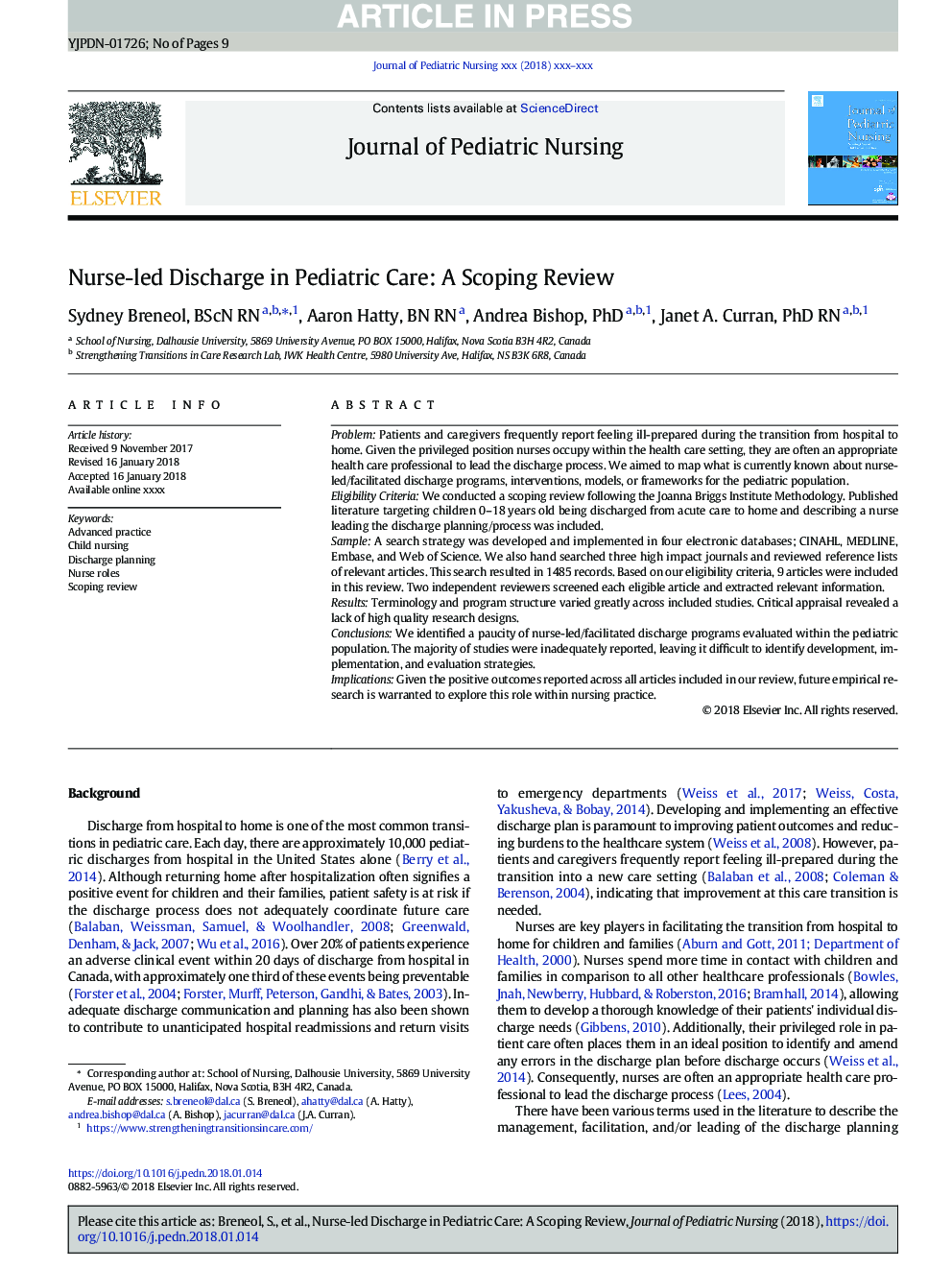 Nurse-led Discharge in Pediatric Care: A Scoping Review