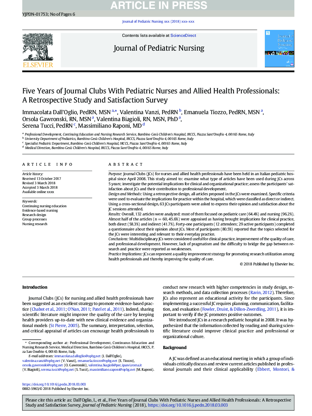 Five Years of Journal Clubs With Pediatric Nurses and Allied Health Professionals: A Retrospective Study and Satisfaction Survey