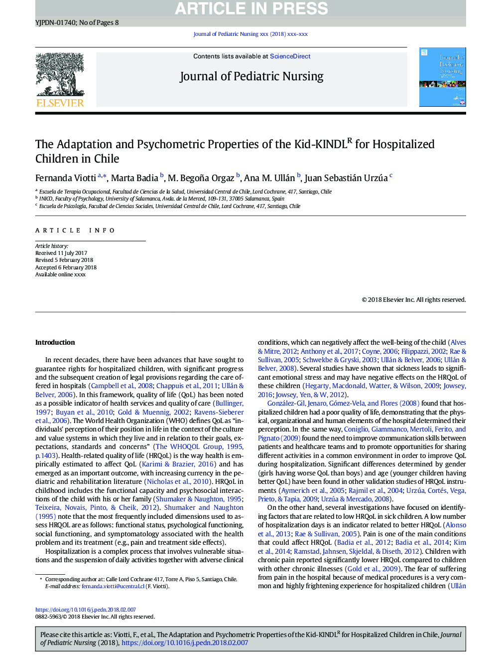 The Adaptation and Psychometric Properties of the Kid-KINDLR for Hospitalized Children in Chile