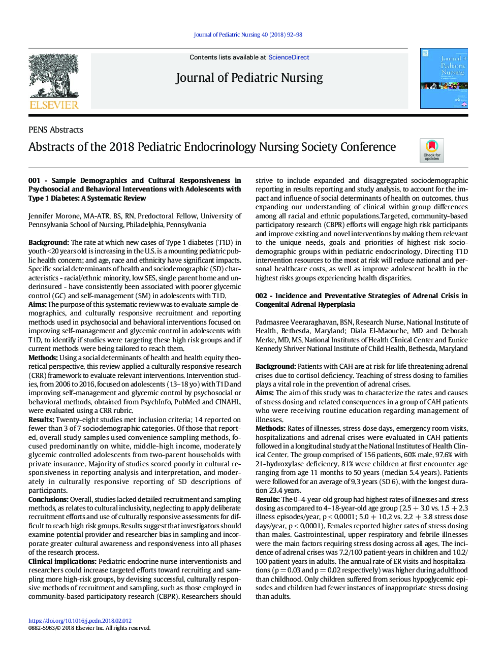 Abstracts of the 2018 Pediatric Endocrinology Nursing Society Conference