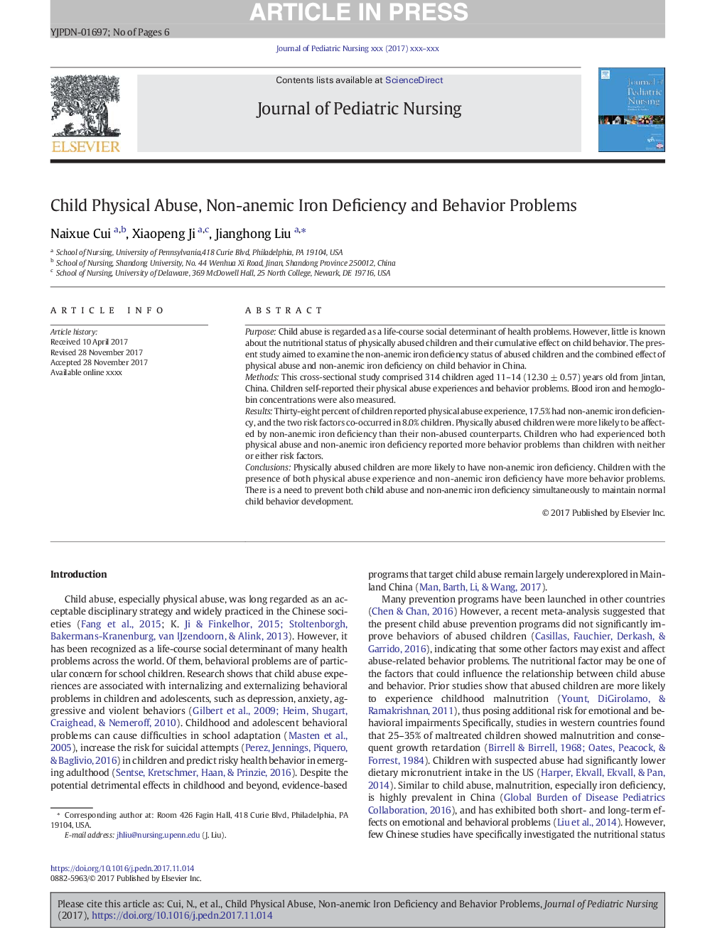 Child Physical Abuse, Non-anemic Iron Deficiency and Behavior Problems