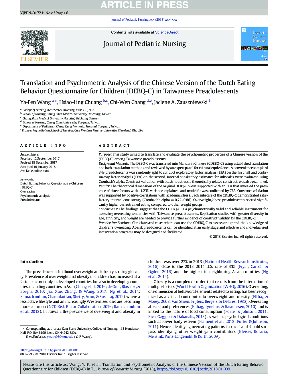 Translation and Psychometric Analysis of the Chinese Version of the Dutch Eating Behavior Questionnaire for Children (DEBQ-C) in Taiwanese Preadolescents