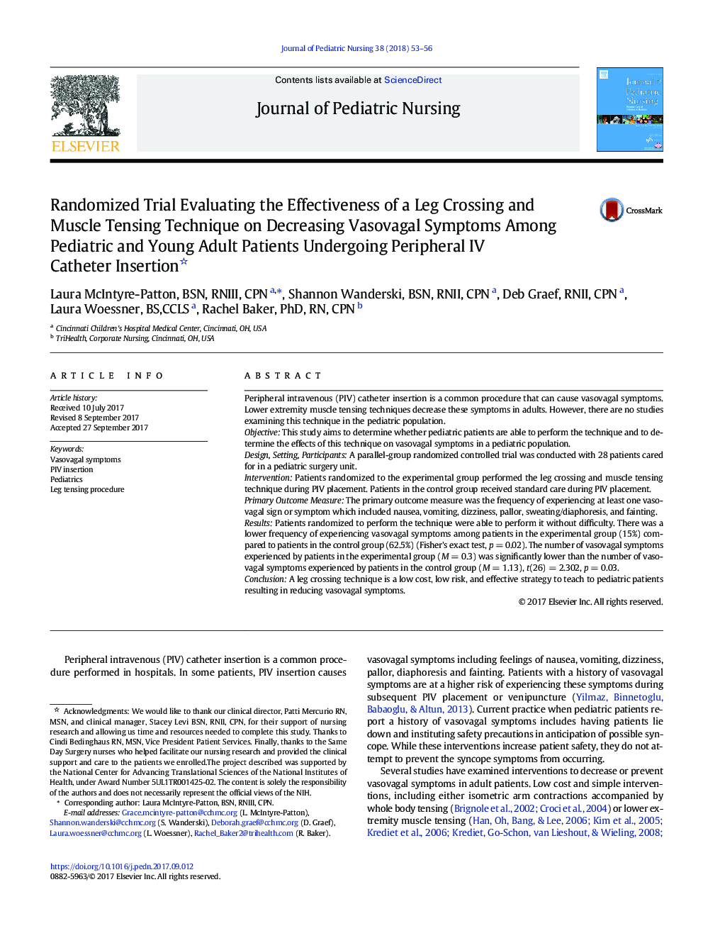 Randomized Trial Evaluating the Effectiveness of a Leg Crossing and Muscle Tensing Technique on Decreasing Vasovagal Symptoms Among Pediatric and Young Adult Patients Undergoing Peripheral IV Catheter Insertion