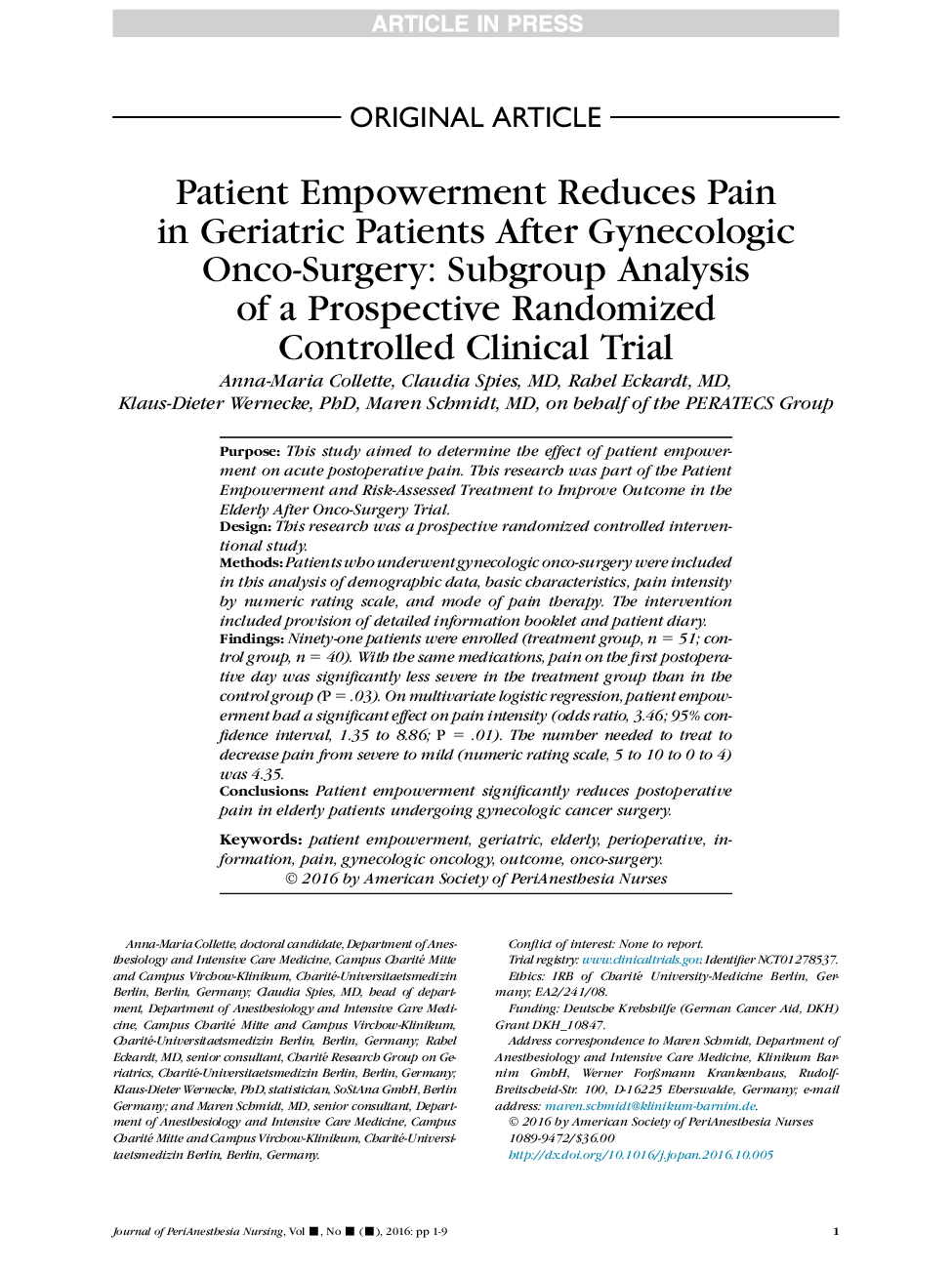 Patient Empowerment Reduces Pain in Geriatric Patients After Gynecologic Onco-Surgery: Subgroup Analysis ofÂ aÂ Prospective Randomized ControlledÂ Clinical Trial