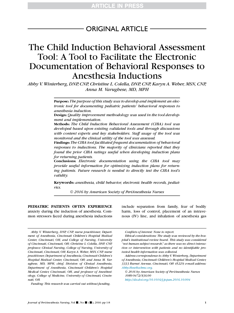 The Child Induction Behavioral Assessment Tool: A Tool to Facilitate the Electronic Documentation of Behavioral Responses to Anesthesia Inductions