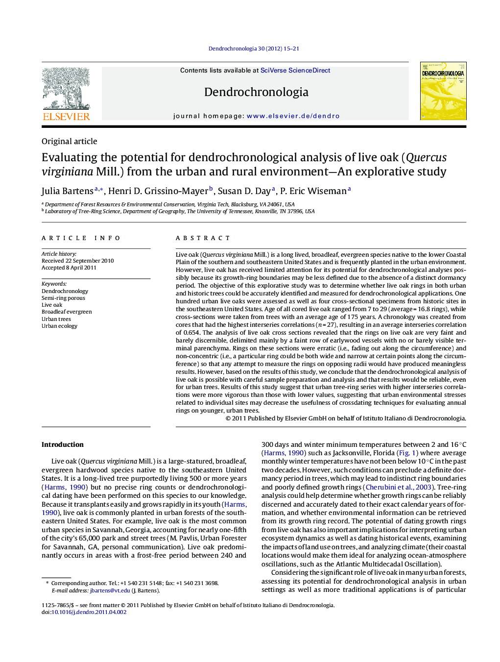 Evaluating the potential for dendrochronological analysis of live oak (Quercus virginiana Mill.) from the urban and rural environment—An explorative study