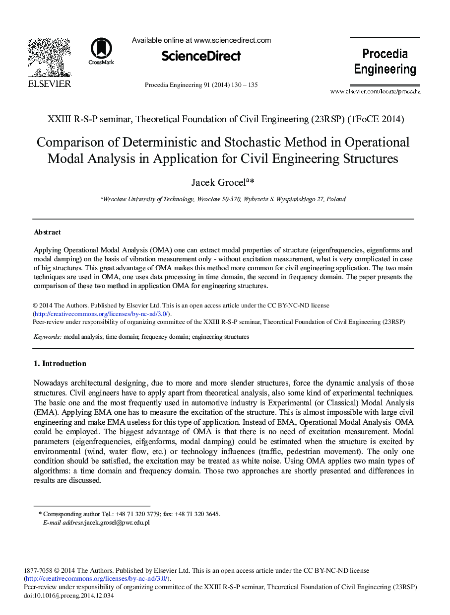 Comparison of Deterministic and Stochastic Method in Operational Modal Analysis in Application for Civil Engineering Structures 