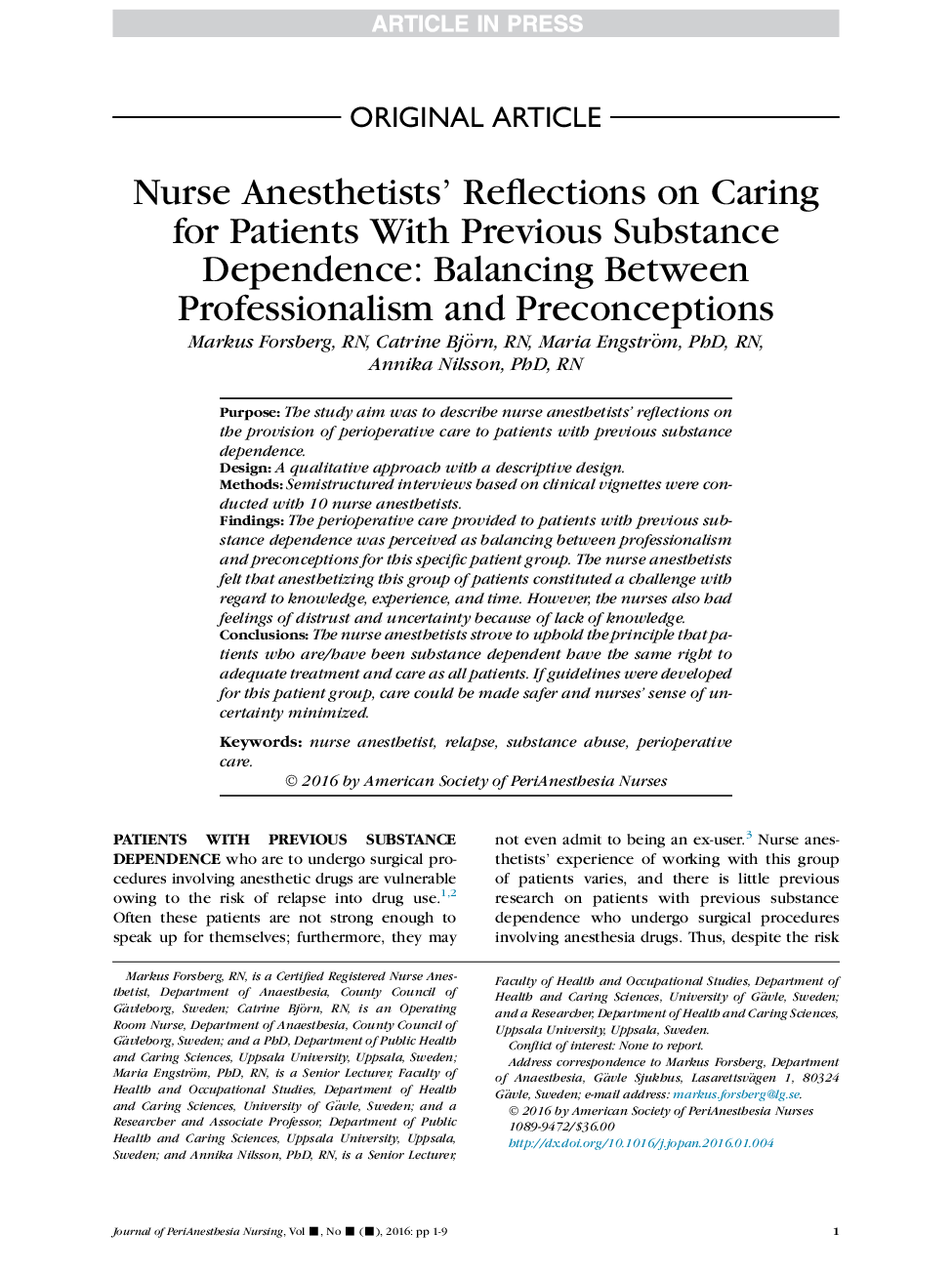 Nurse Anesthetists' Reflections on Caring for Patients With Previous Substance Dependence: Balancing Between Professionalism and Preconceptions