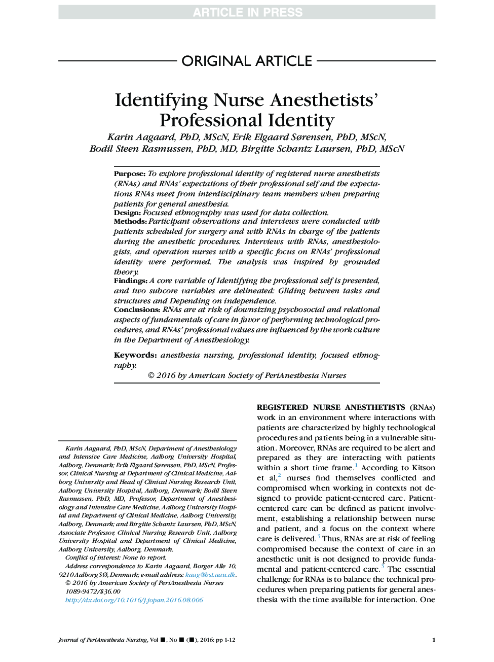 Identifying Nurse Anesthetists' Professional Identity