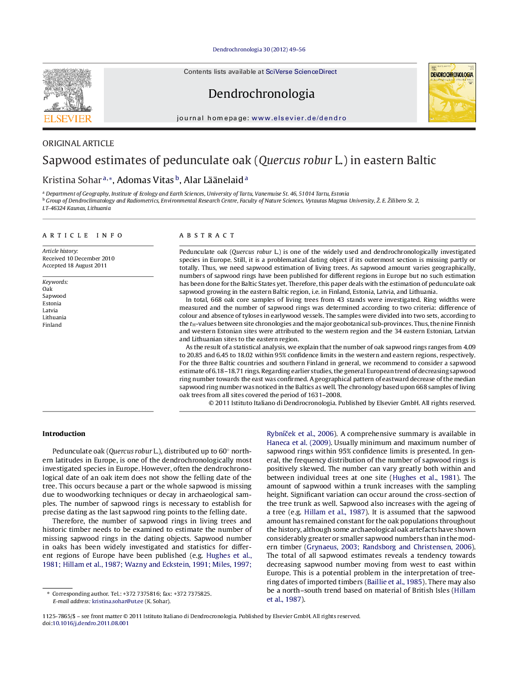 Sapwood estimates of pedunculate oak (Quercus robur L.) in eastern Baltic