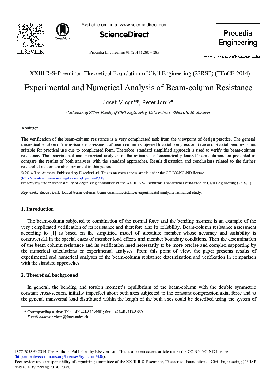 Experimental and Numerical Analysis of Beam-column Resistance 