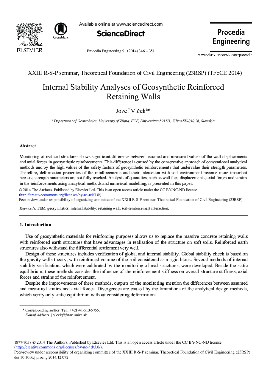 Internal Stability Analyses of Geosynthetic Reinforced Retaining Walls 