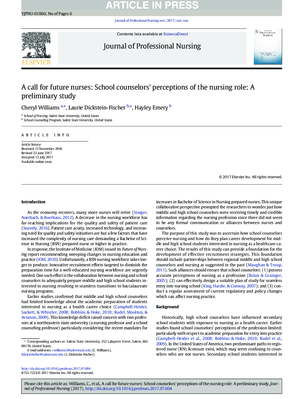 A call for future nurses: School counselors' perceptions of the nursing role: A preliminary study