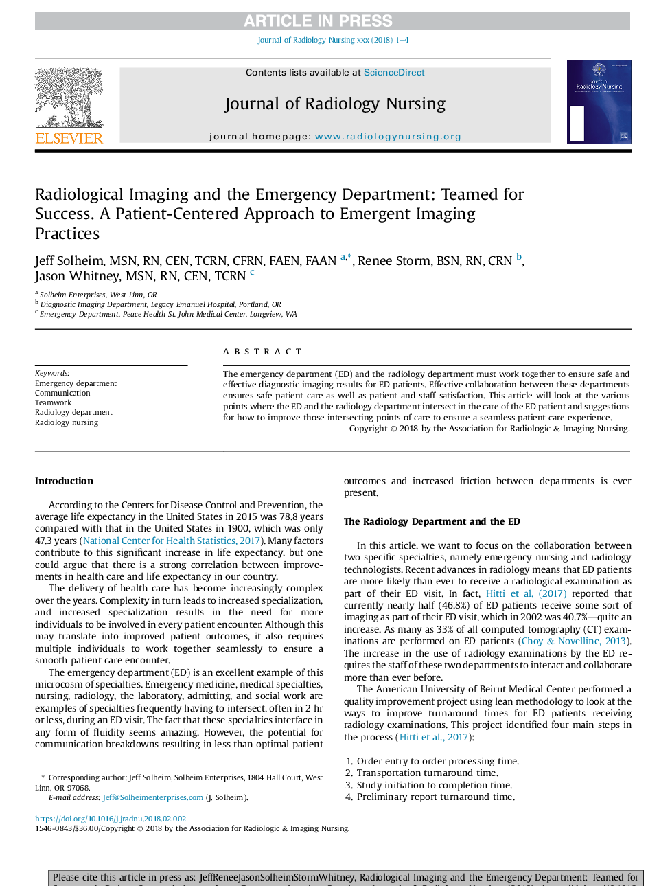 Radiological Imaging and the Emergency Department: Teamed for Success. A Patient-Centered Approach to Emergent Imaging Practices