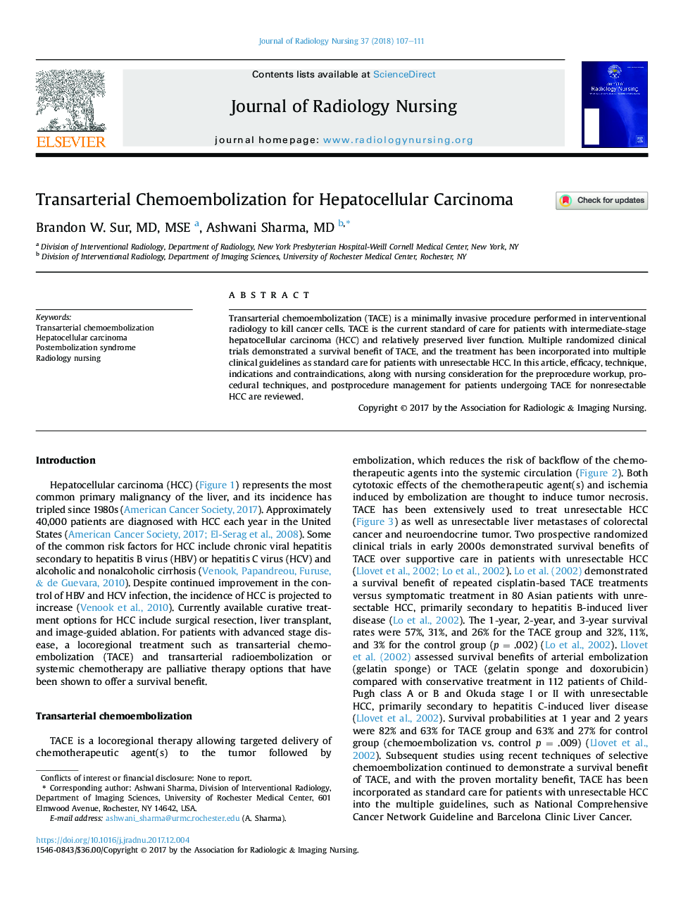 Transarterial Chemoembolization for Hepatocellular Carcinoma