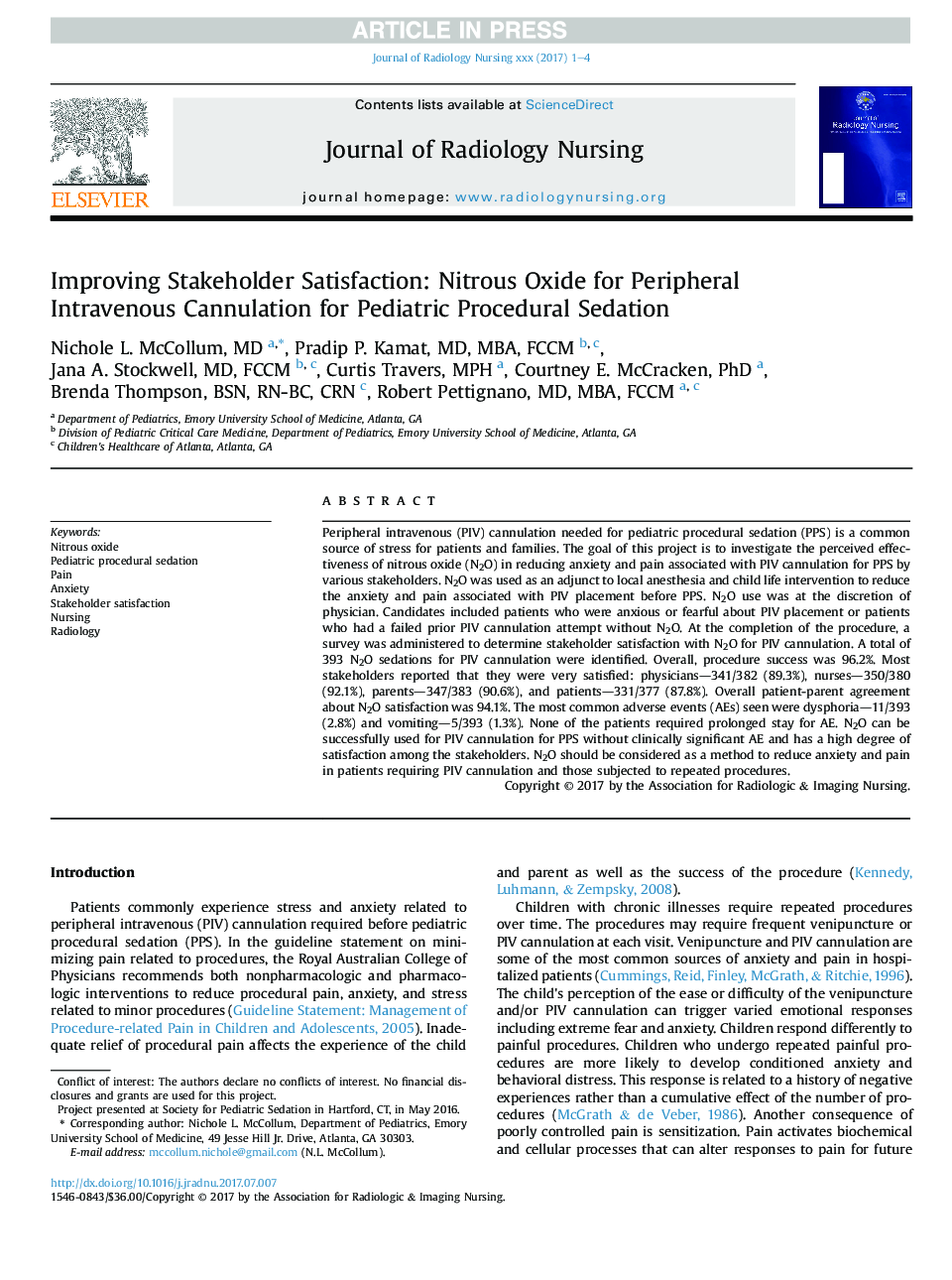 Improving Stakeholder Satisfaction: Nitrous Oxide for Peripheral Intravenous Cannulation for Pediatric Procedural Sedation