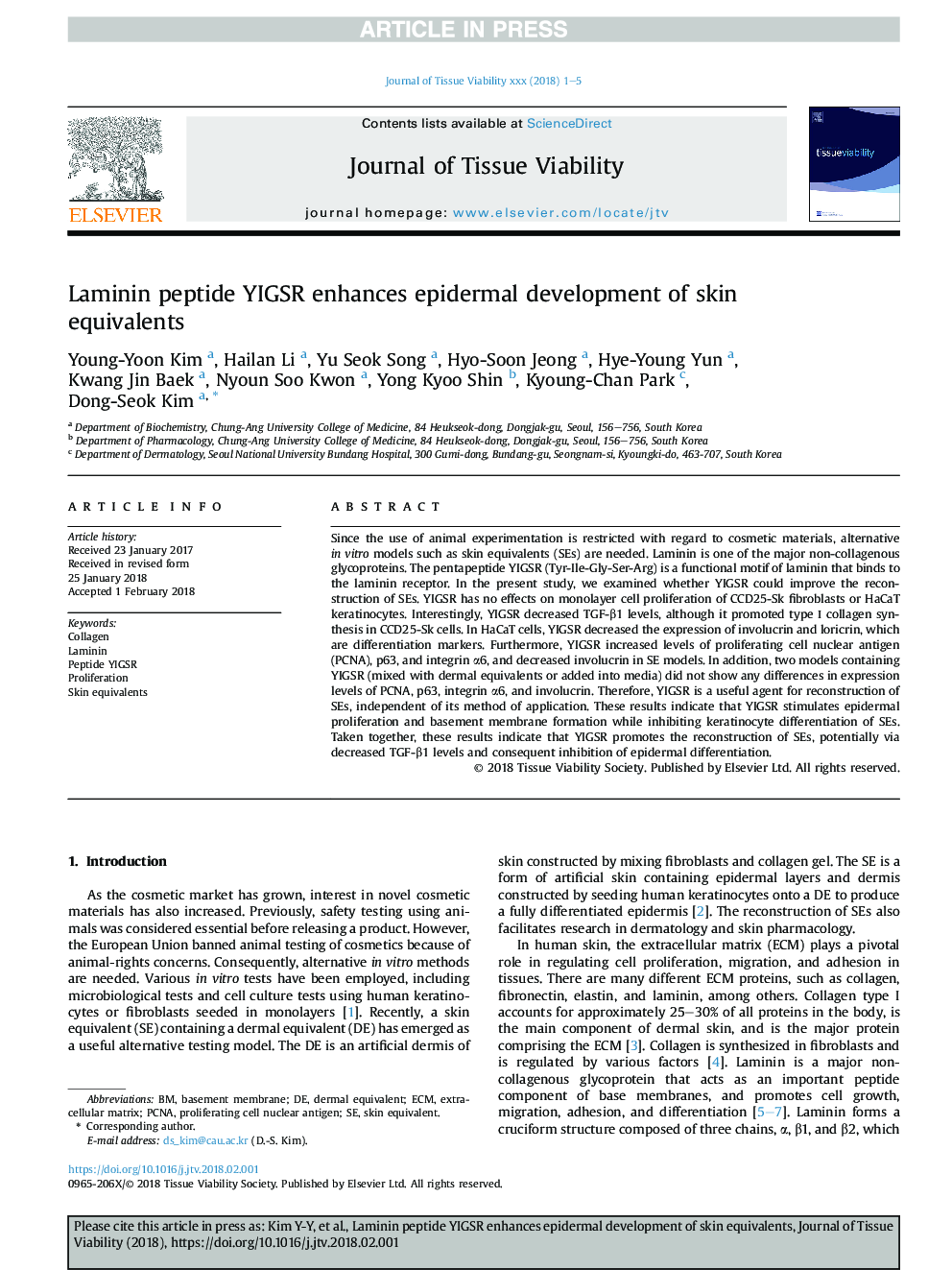 Laminin peptide YIGSR enhances epidermal development of skin equivalents