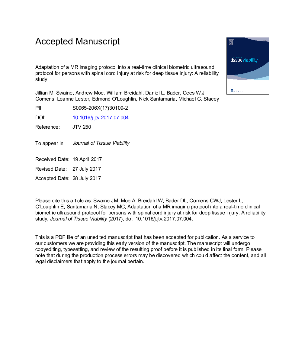 Adaptation of a MR imaging protocol into a real-time clinical biometric ultrasound protocol for persons with spinal cord injury at risk for deep tissue injury: A reliability study