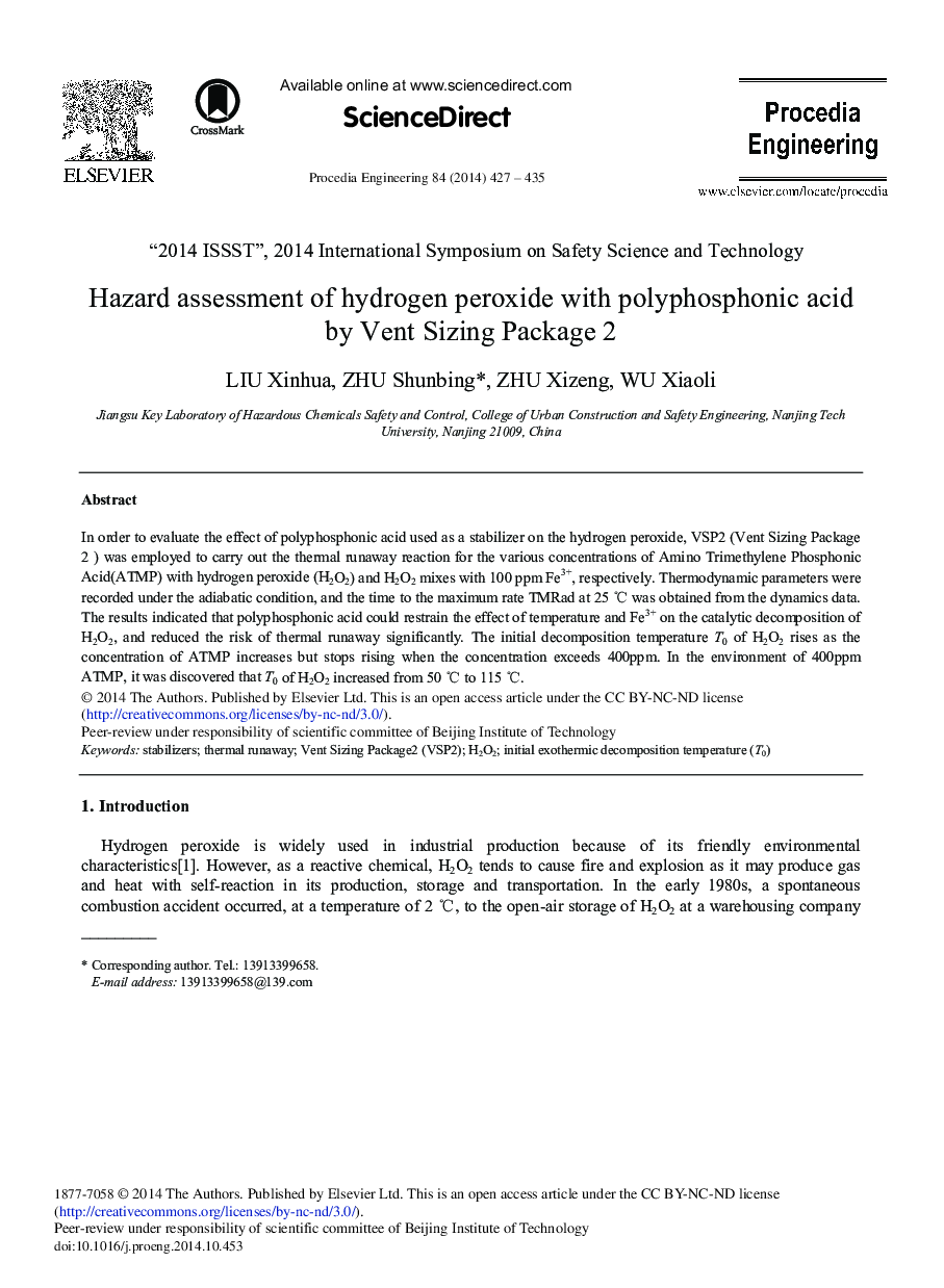 Hazard Assessment of Hydrogen Peroxide with Polyphosphonic Acid by Vent Sizing Package 2 