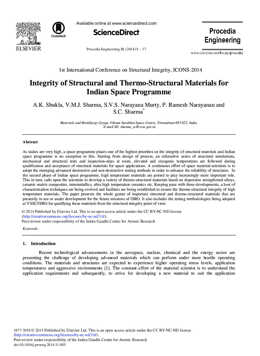 Integrity of Structural and Thermo-structural Materials for Indian Space Programme 