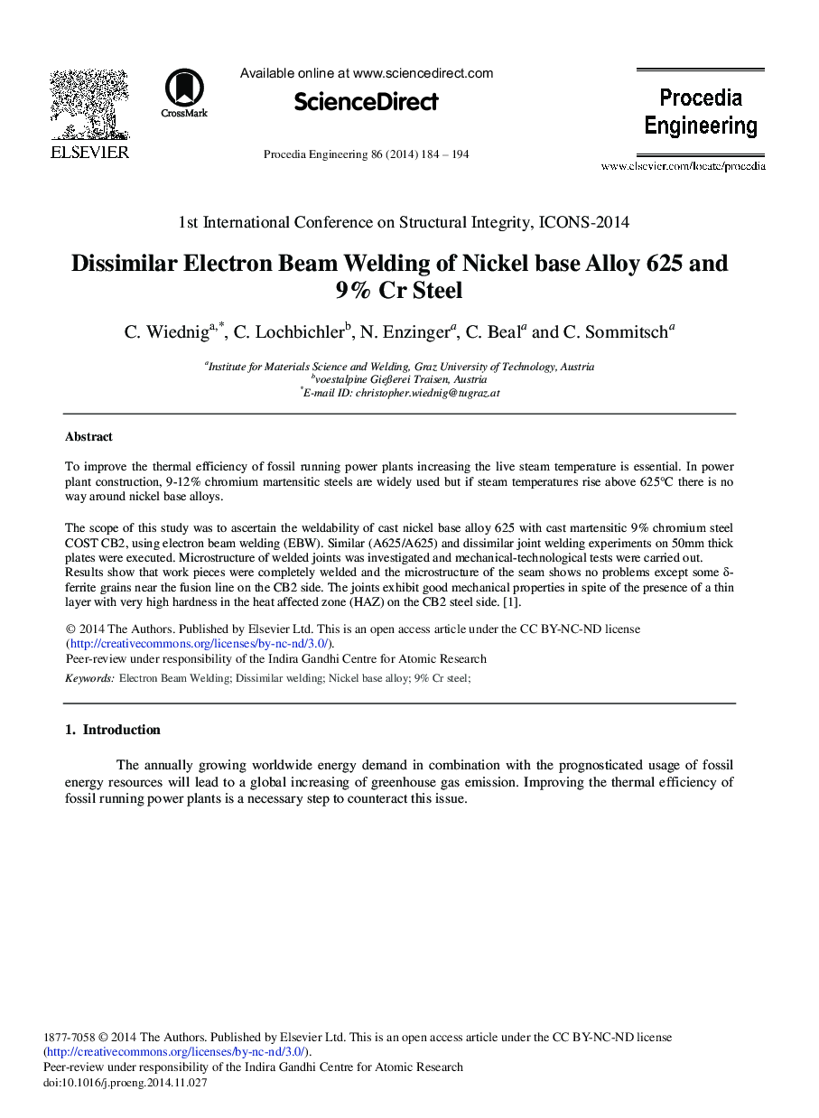 Dissimilar Electron Beam Welding of Nickel Base Alloy 625 and 9% Cr Steel 