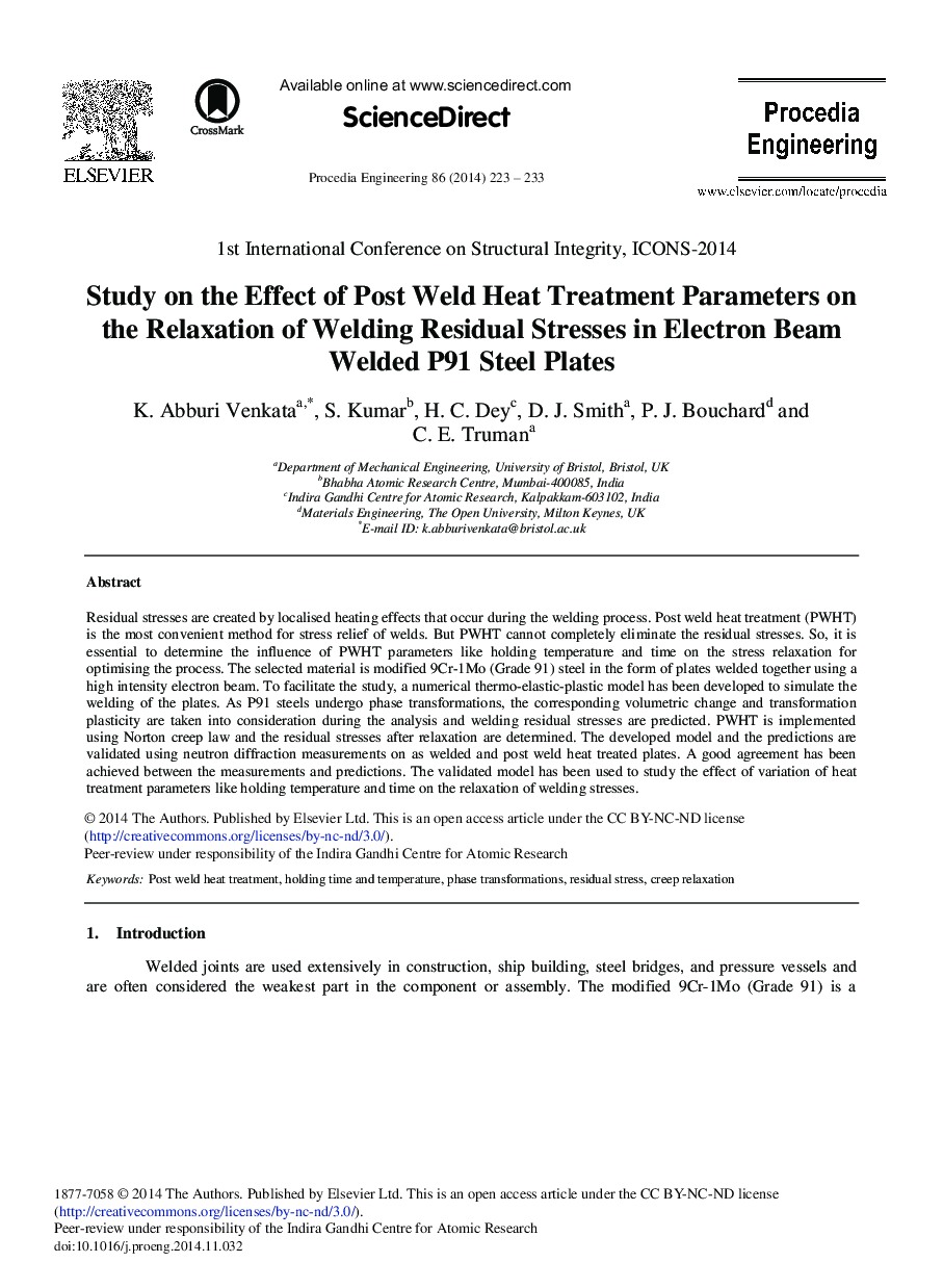 Study on the Effect of Post Weld Heat Treatment Parameters on the Relaxation of Welding Residual Stresses in Electron Beam Welded P91 Steel Plates 