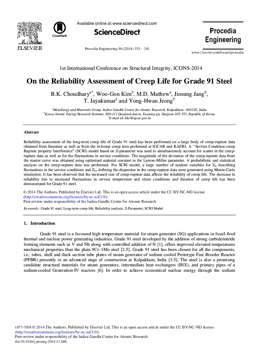 On the Reliability Assessment of Creep Life for Grade 91 Steel 