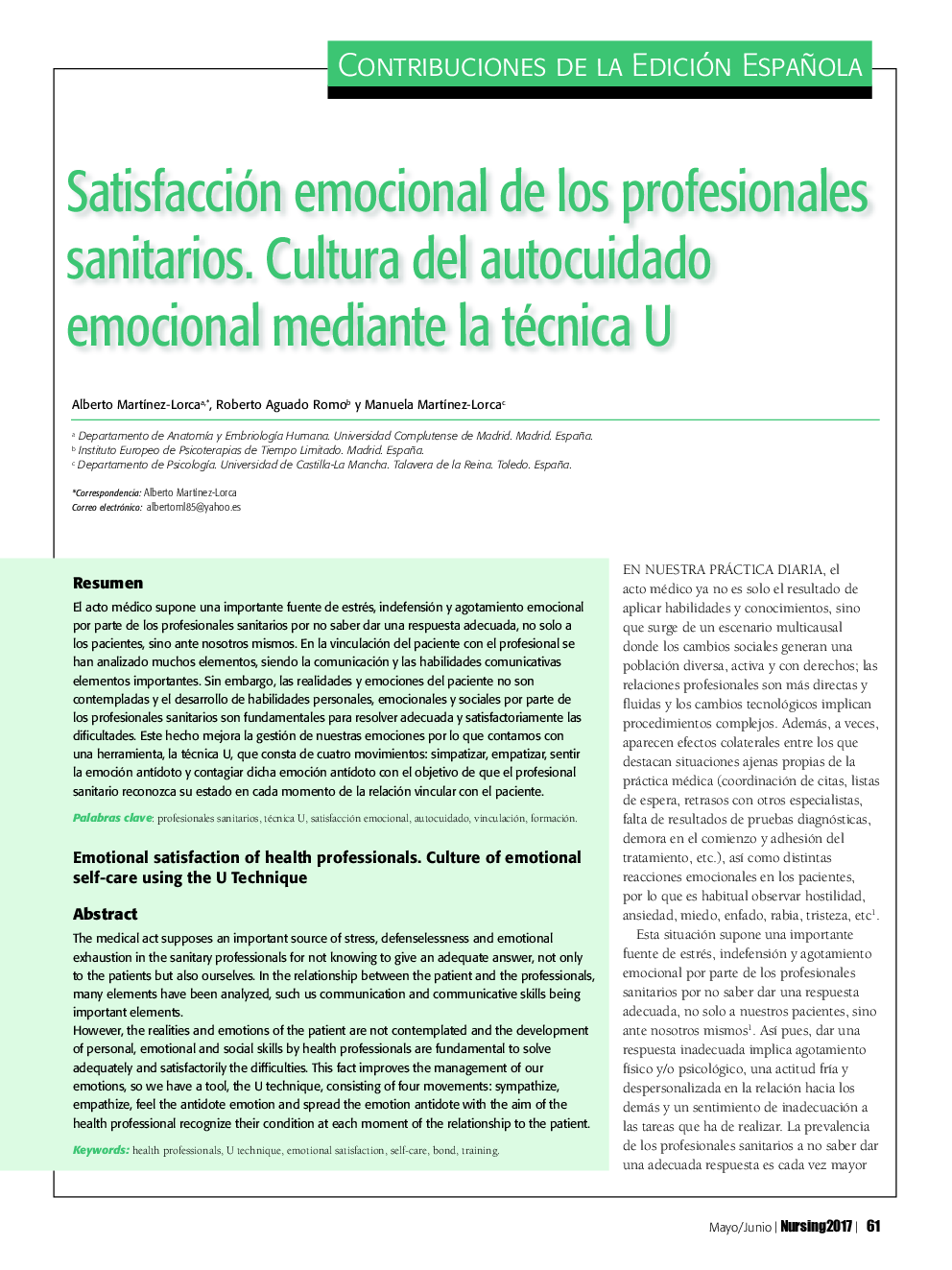 Satisfacción emocional de los profesionales sanitarios. Cultura del autocuidado emocional mediante la técnica U