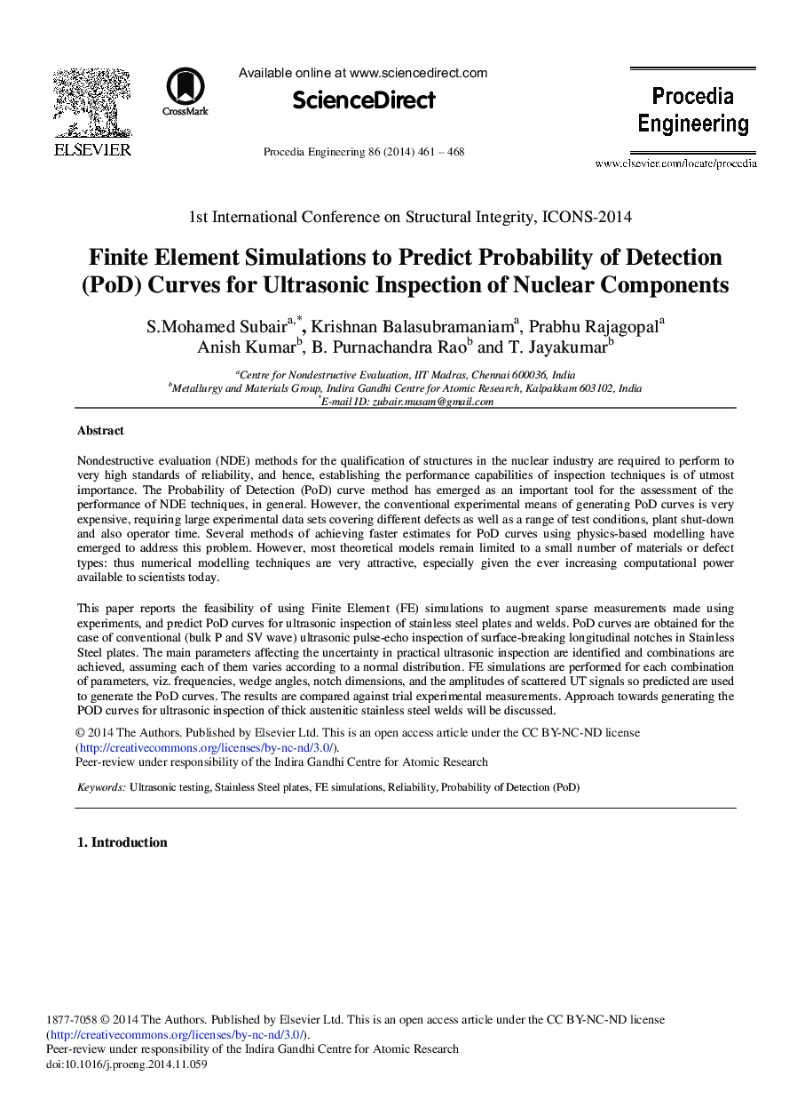 Finite Element Simulations to Predict Probability of Detection (PoD) Curves for Ultrasonic Inspection of Nuclear Components 