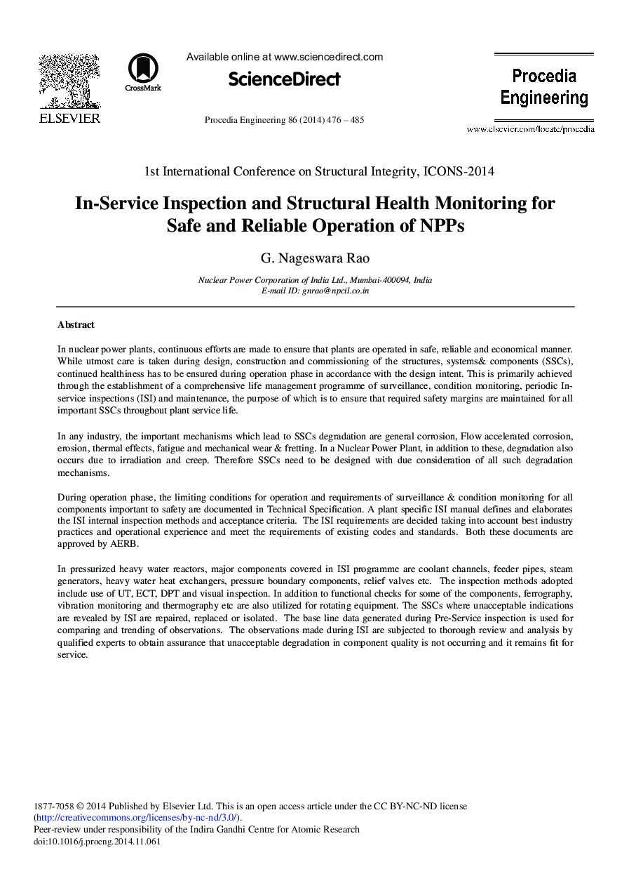 In-service Inspection and Structural Health Monitoring for Safe and Reliable Operation of NPPs 