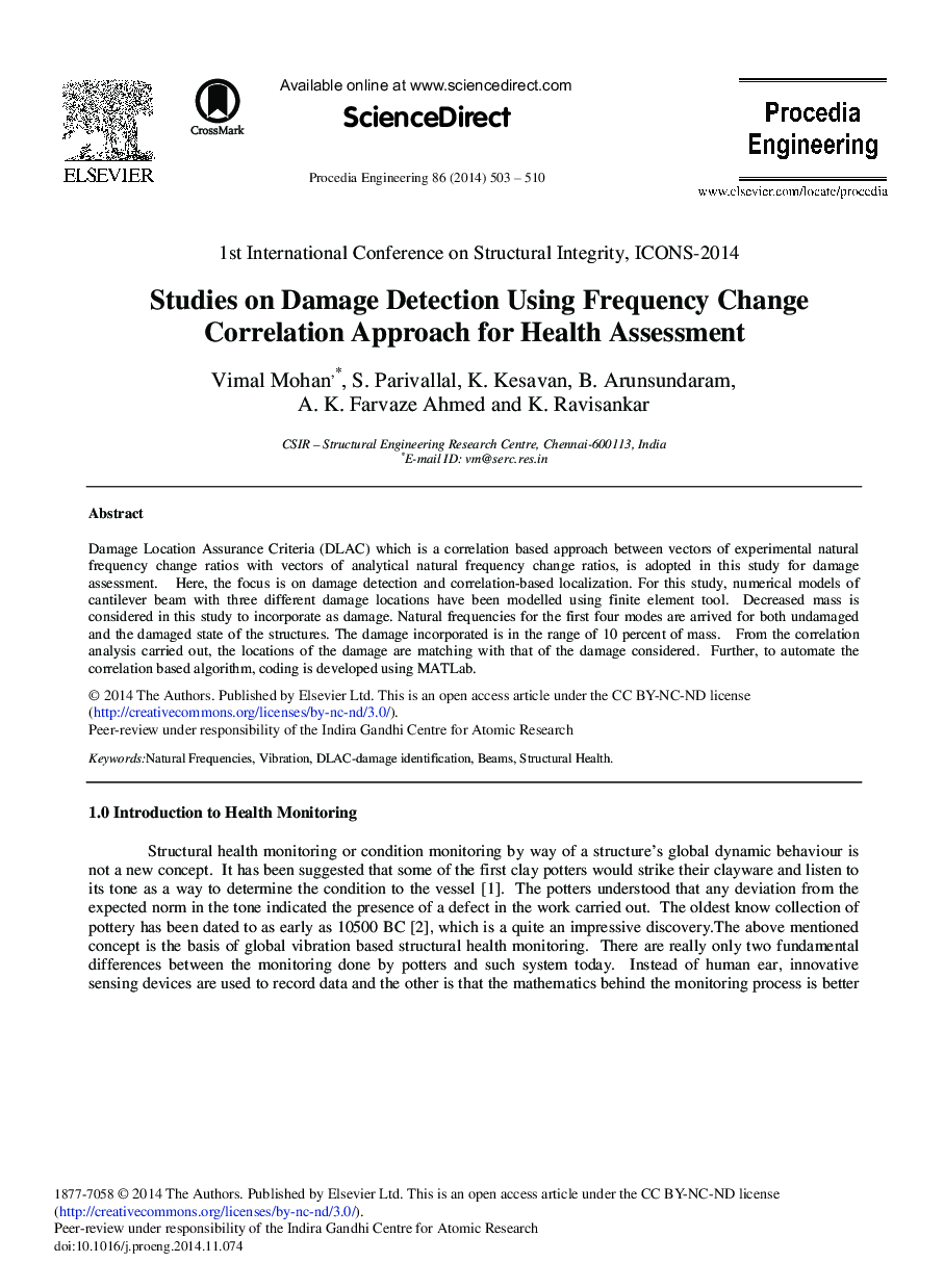 Studies on Damage Detection Using Frequency Change Correlation Approach for Health Assessment 