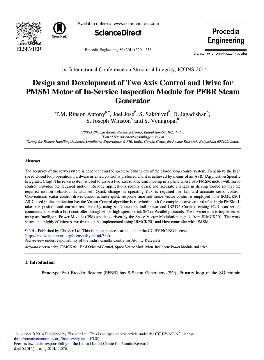 Design and Development of Two Axis Control and Drive for PMSM Motor of In-Service Inspection Module for PFBR Steam Generator 